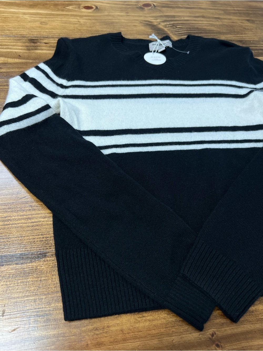 J. Crew Cashmere high V-neck sweater in stripe Black and White Size XS - Picture 8 of 10